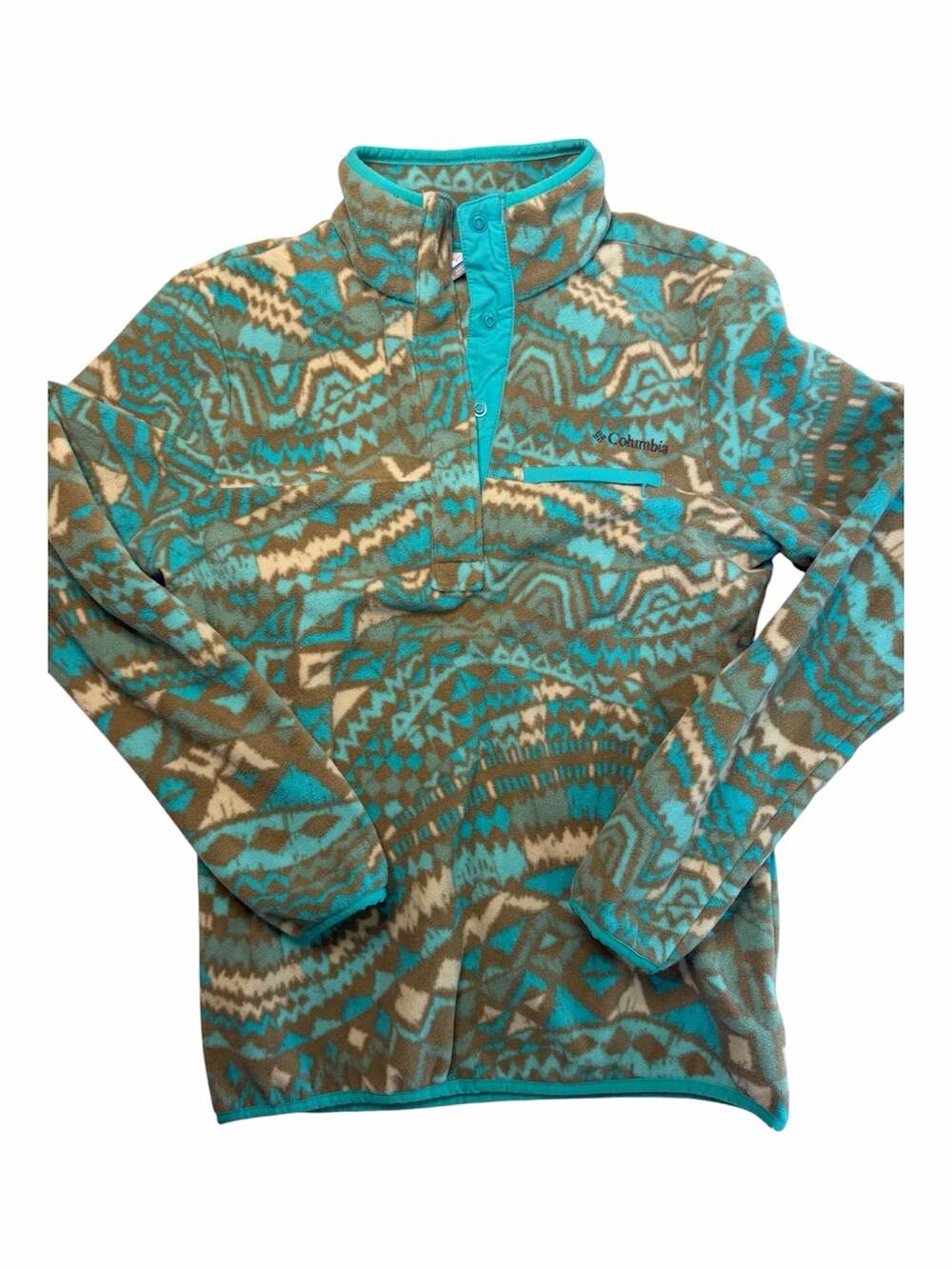 Columbia Mountain Side Printed Fleece Pullover Snap Neck Aztec Teal Brown Women'